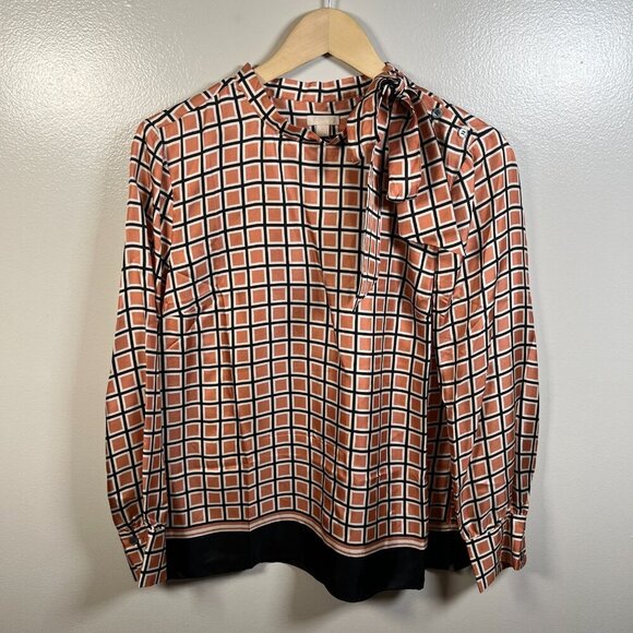 J. Crew Collection Tie Neck Silk Top Size 6 Geometric Work Career Office Twee - Picture 1 of 14